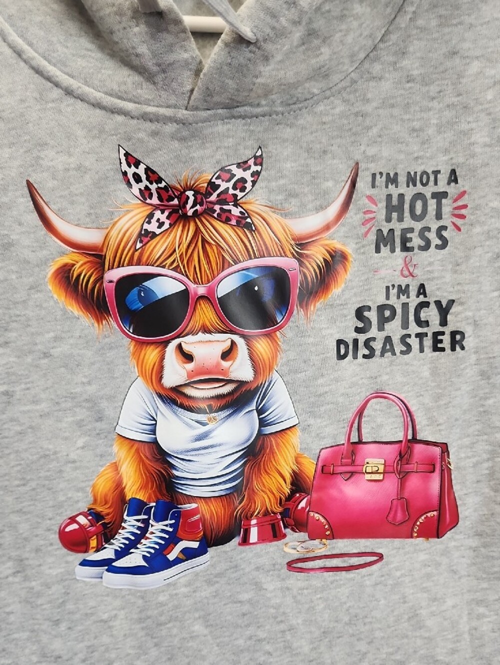 Women's Grey Graphic Hoodie with Cow Illustration